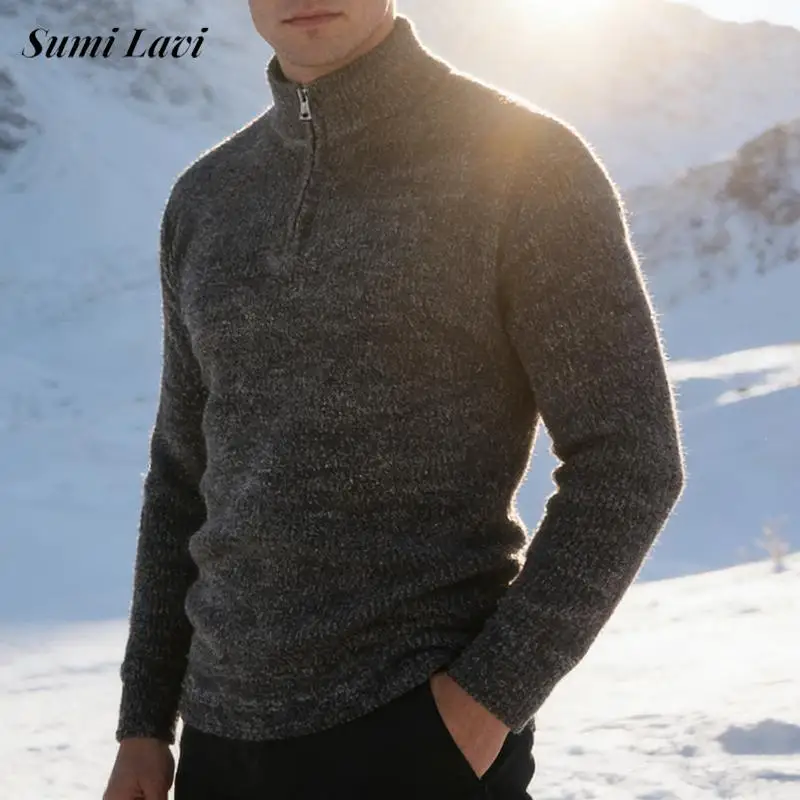 

Винтажный однотонный свитер с воротником-стойкой на молнии для мужчин, осень-зима, повседневные облегающие вязаные джемперы, мужские модные вязаные свитера