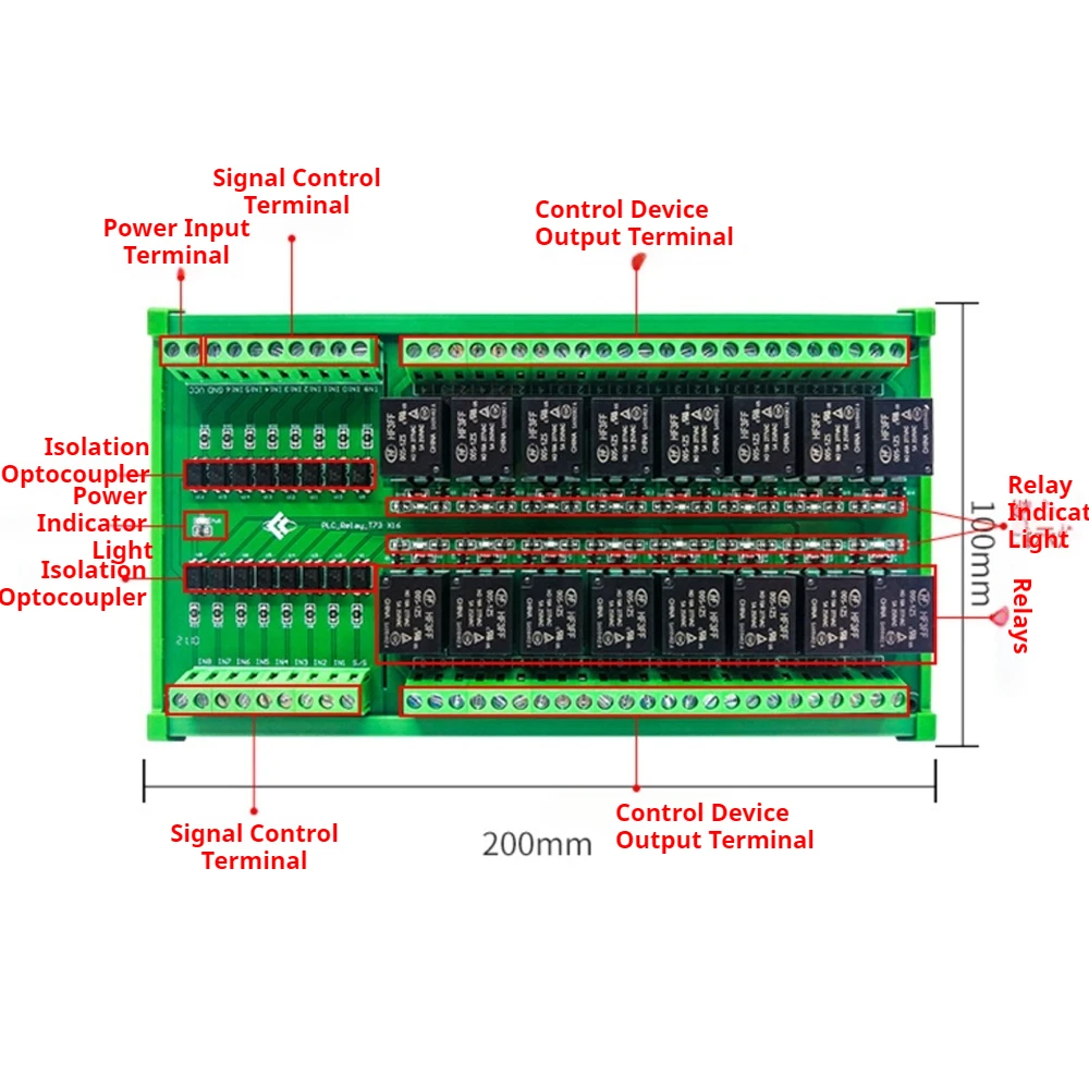 16 Channel Optocoupler Isolation Relay Module High Low Level 5V 12V 24V PLC Amplifier Board 10A Contact Load DIN Rail Mount