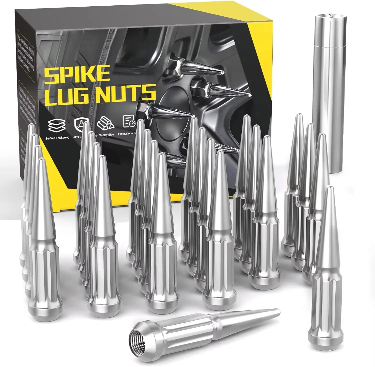 

24PCS M14x1.5 Wheel Spike Lug Nuts, Chrome Spike Solid 4.4" Tall Acorn Lug Nut with 1 Socket Key Replacement for Chevy