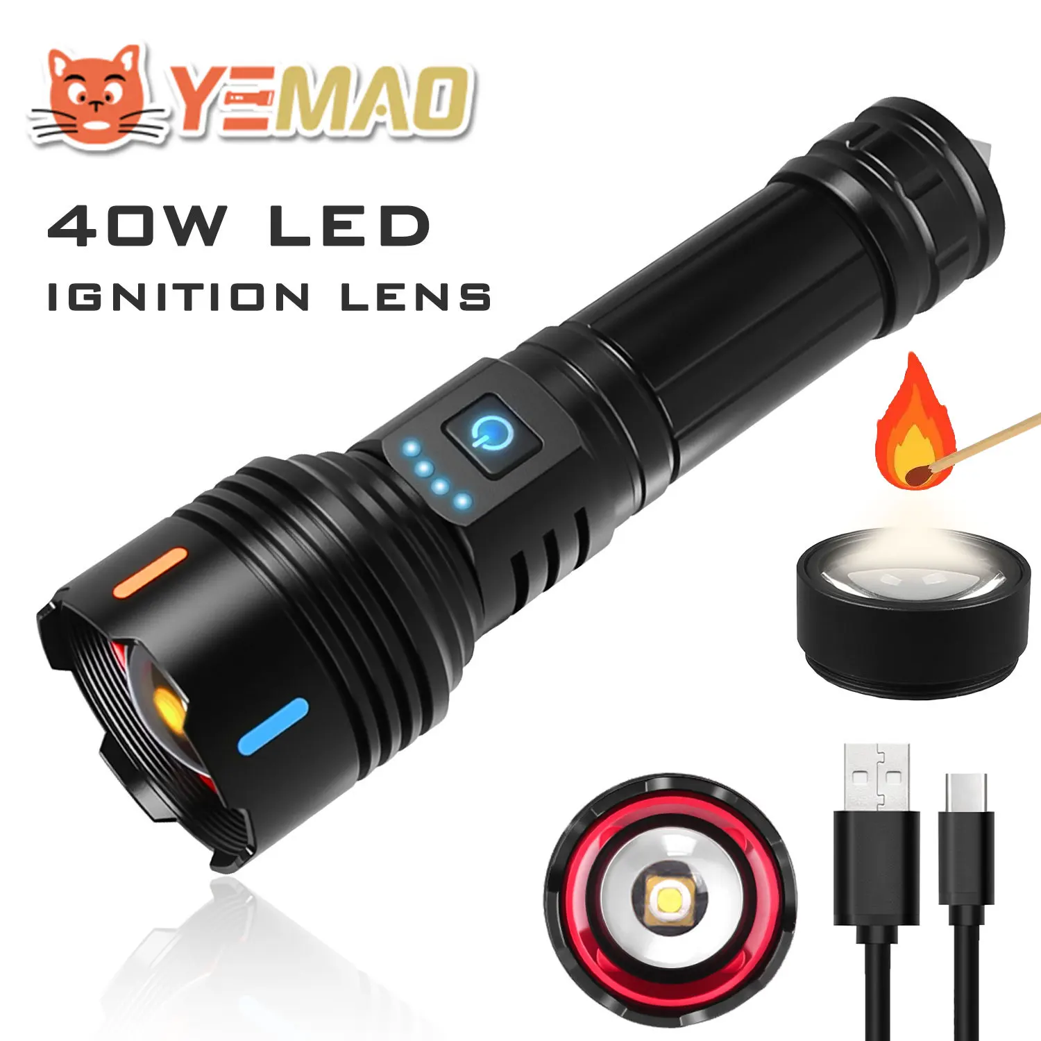 

Portable Strong Light Flashlight With Power Bank 5 Lighting Modes Ignition Lens Telescopic Zoom Waterproof Torch Window Breaker