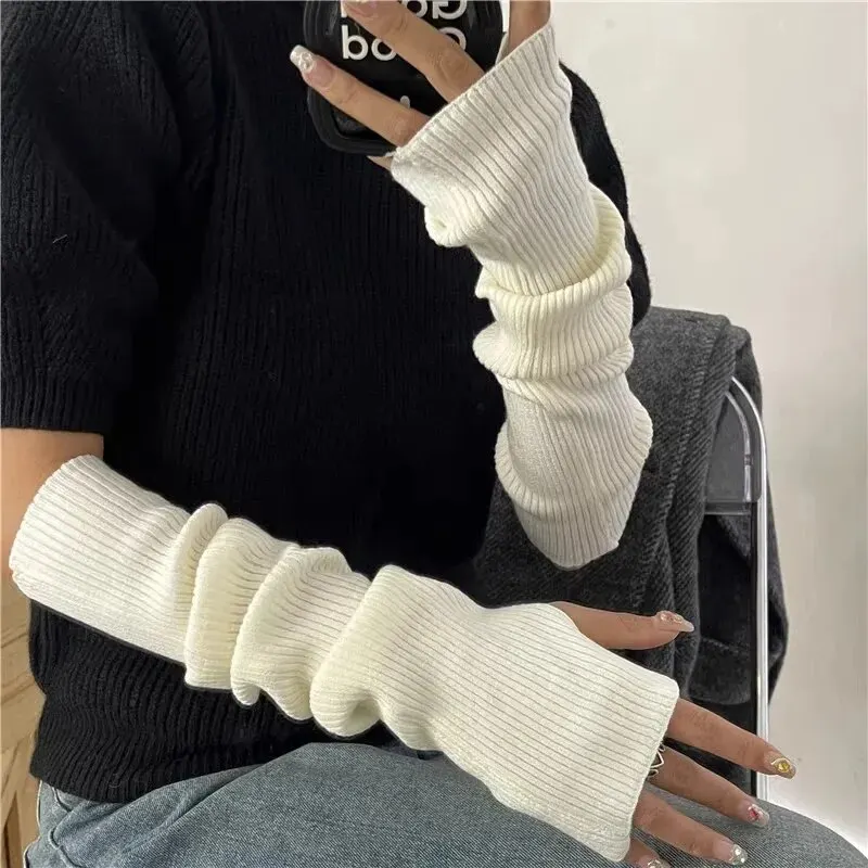 Guantes sin dedos tejidos para invierno, cálidos guantes para ciclismo con agujero para el pulgar, manga para el brazo, resistentes al viento, elásticos, para correr al aire libre y senderismo