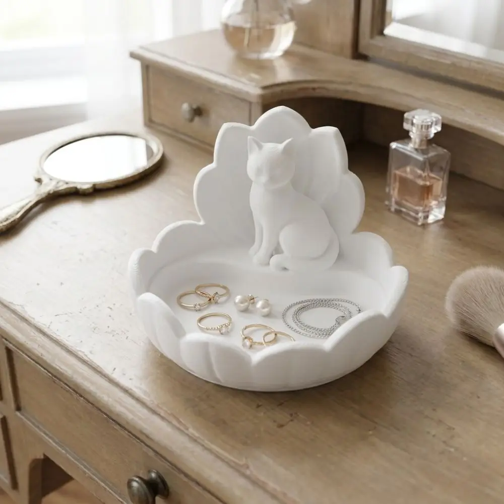 Cute Lotus Cat Jewelry Storage Tray 3D Printed Stable Base Cosmetic Storage Dish Plastic Lotus-Shaped Desktop Organizer