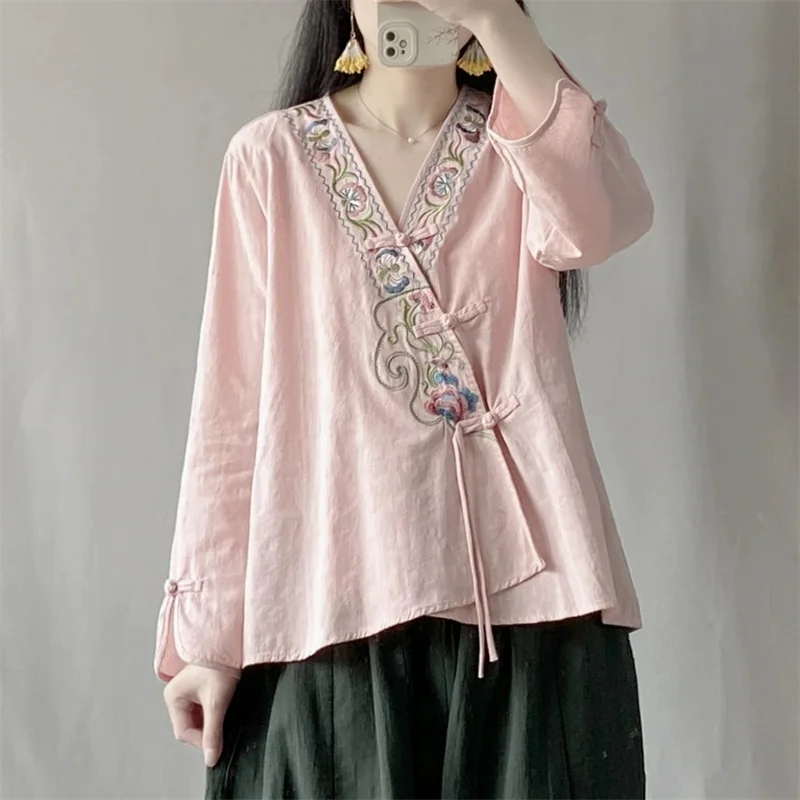 Fashion Retro Buckle Embroidered Shirt Hanfu Women's Spring and Summer tea Clothes Small Cardigan Short National Style Shirt New