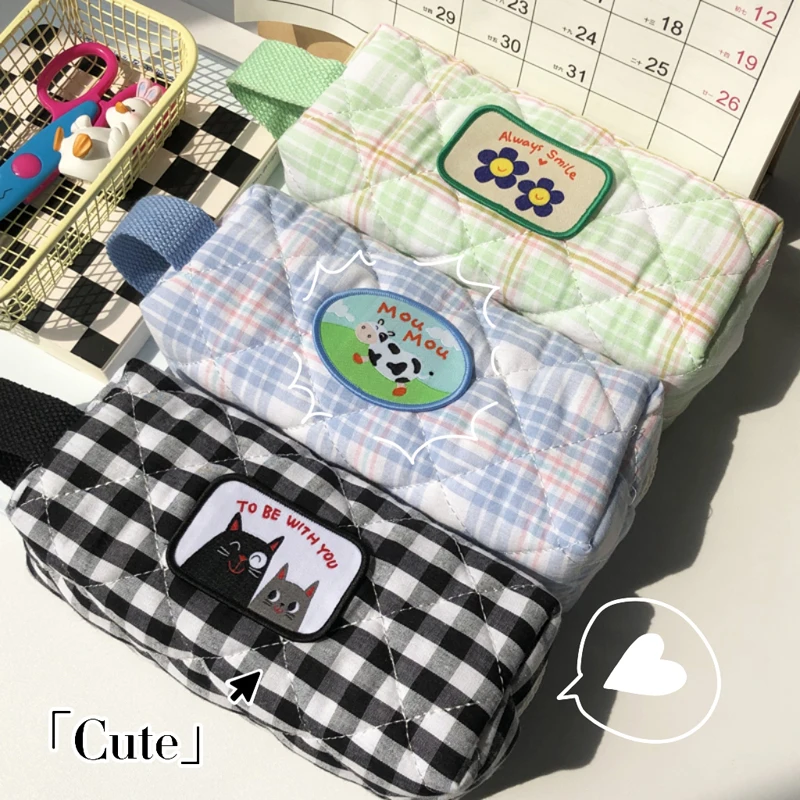 Portable Pencil Case For Students Cotton Plaid Pen Bag Cartoon Pencil Bag High-Capacity Zipper Stationery Storage Pen Case New