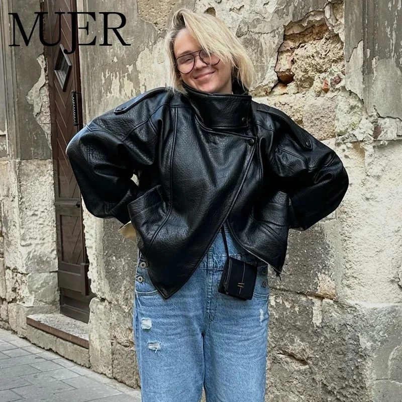 

MUJER Women's Bomber Jacket Black Faux Leather Jackets for Women Outerwears Winter Coats for Women Snap Button Overcoat Female