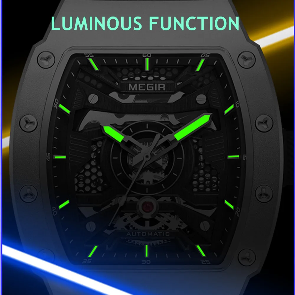 MEGIR Luxury Men\'s Automatic Mechanical Watch Waterproof Hollow Out Silicone Strap Sports Wristwatch Clock Reloj Hombre 8604