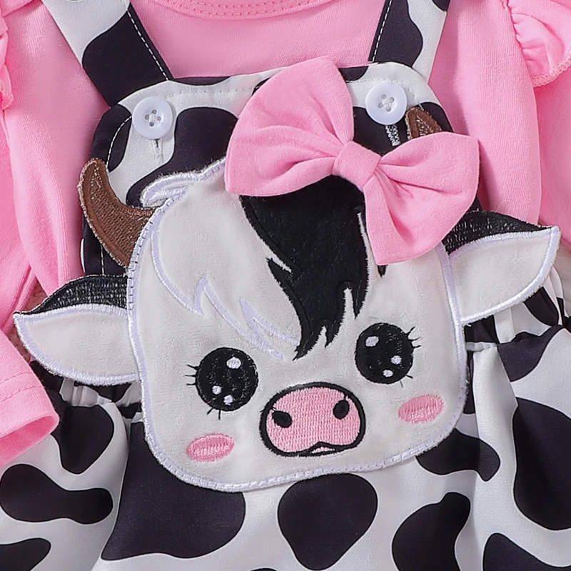 Baby Clothing Girl Fall Autumn Outfits Solid Romper Cow Pattern Print Ruffles Suspender Skirt Headband 3Pcs Newborn Clothes Set