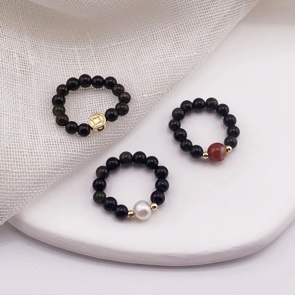 Vintage Natural Black Obsidian Stone Rings for Women Men Red Agates Black Shell Cat Charm Strand Elastic Finger Rings Healing - view 5