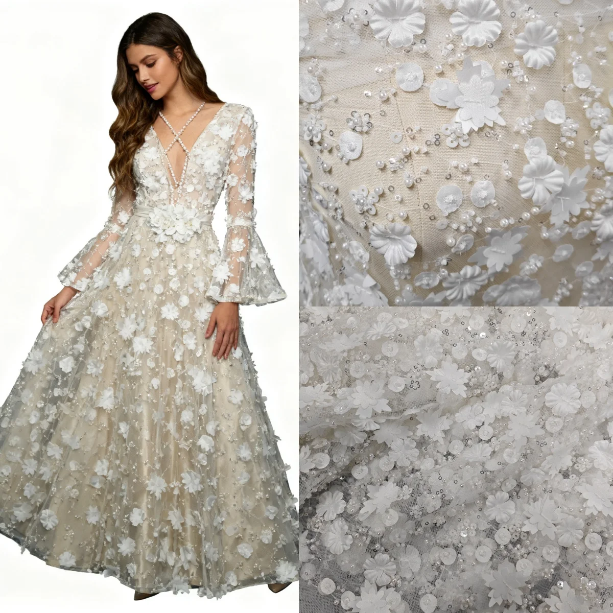 

Новый трехмерный цветок для ногтей, бусины и блестки, изысканная вышивка, кружевное платье, свадебное платье, модный дизайн, кружевная ткань