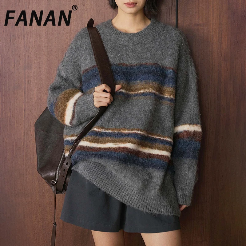 

FANAN женский вязаный теплый свитер для женщин с круглым вырезом в полоску контрастного цвета с длинными рукавами толстые топы модные зимние новые