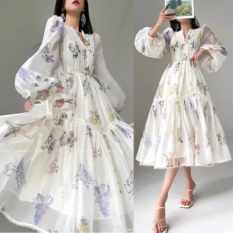 High Quality Fashion Vintage Women Spring Autumn Print Flower V Neck Lantern Sleeve Boho Casual Party Holiday Dresses