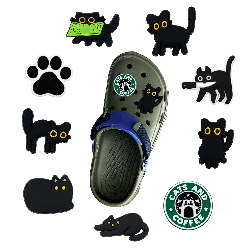 Bestseller 9-teiliges Cartoon Schwarze Katze Serie PVC Schuhzubehör Passend für Loch-Armbänder Abnehmbare DIY Schuhdekoration Geschenke