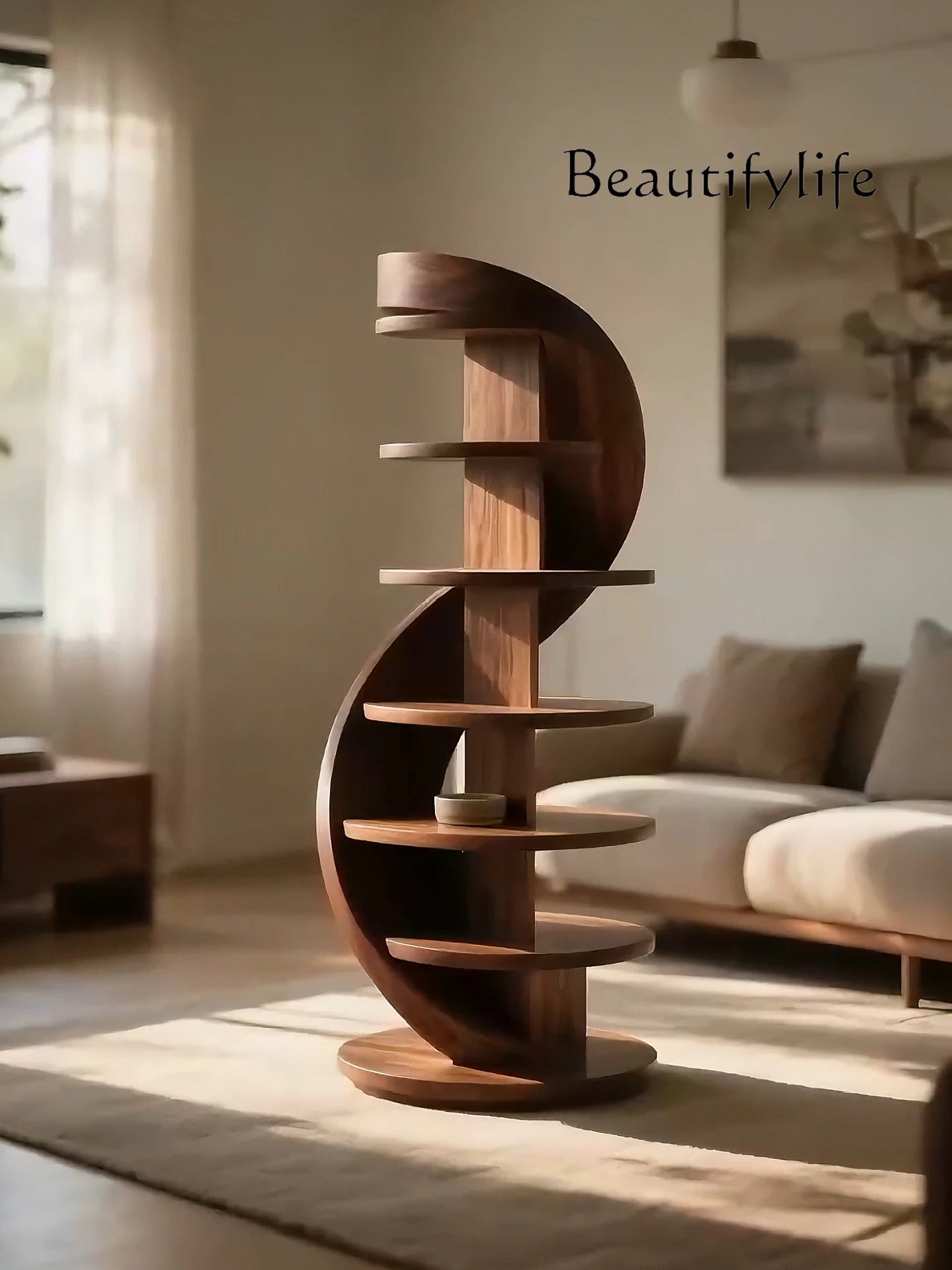

North American black walnut spiral bookshelf modern light luxury solid wood floor shelf living room design sense