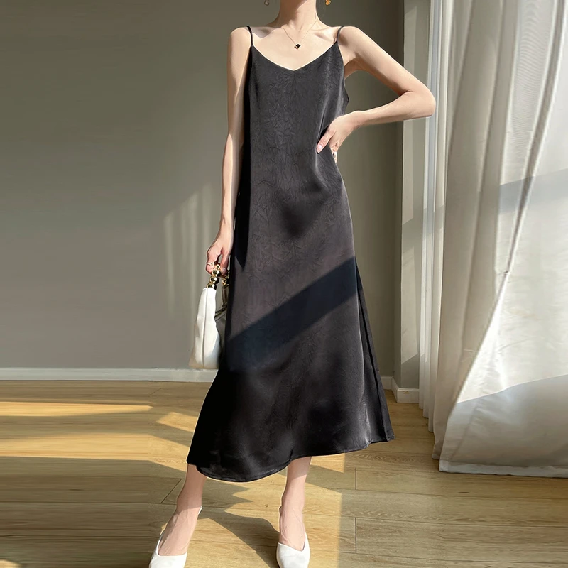 2025 New 100% Anti Wrinkle Mulberry Silk Strap Dress for Women's Summer New Loose Long Skirt