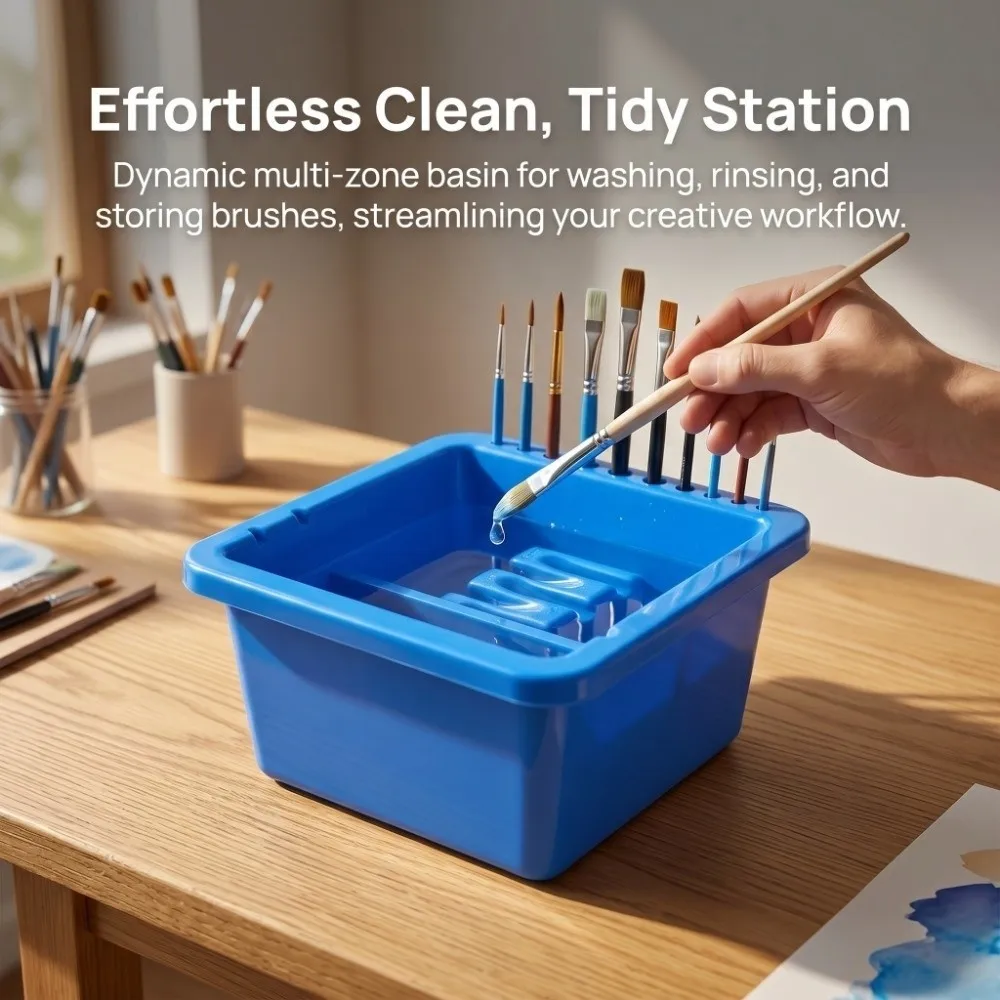 

6.3 x 6.3 x 3.5in Art Brush Washing Basin Square Multi Functional Plastic Brush Washer Premium Plastic Paint Rinse Container