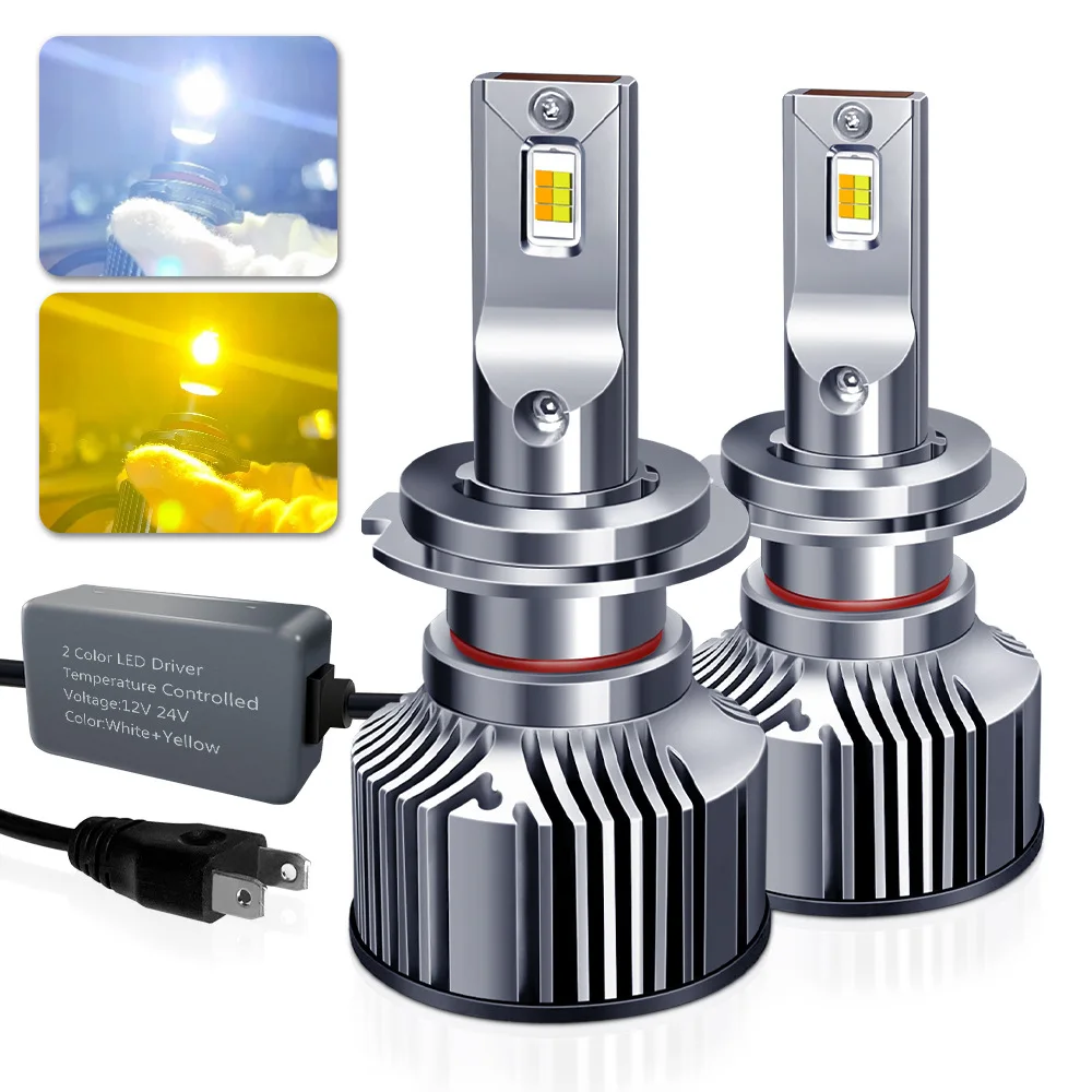 2PCS Dual Color LED Headlights Switchable 80W 3000K Yellow/6500K White 12V 24V for Car Truck 9005 9006 H1 H11 HB3 HB4