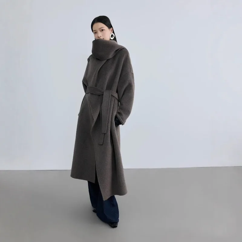 

Зимнее кашемировое пальто из верблюжьей шерсти с длинным шарфом-воротником, двустороннее шерстяное пальто