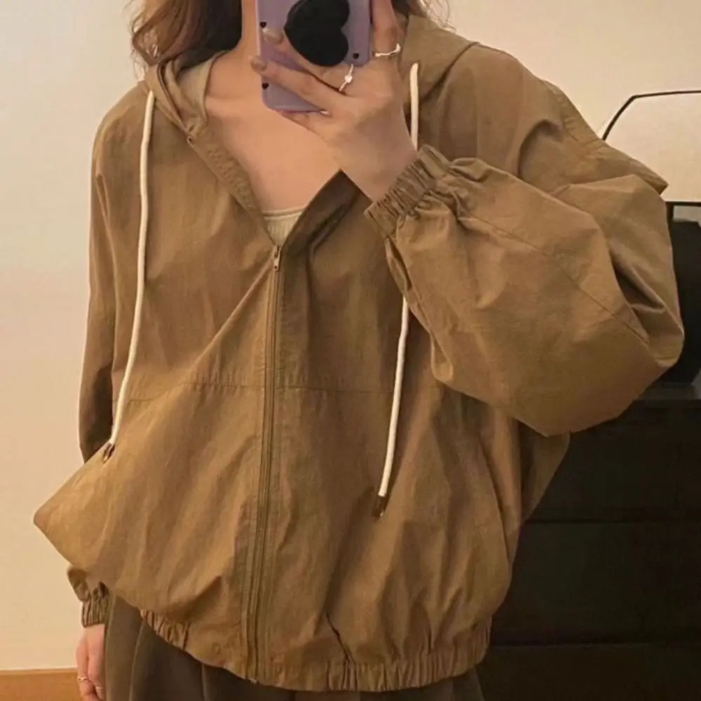 

Солнцезащитные корейские толстовки с капюшоном и длинными рукавами на шнурке для женщин, свободная тонкая одежда, осеннее пальто на молнии, топ