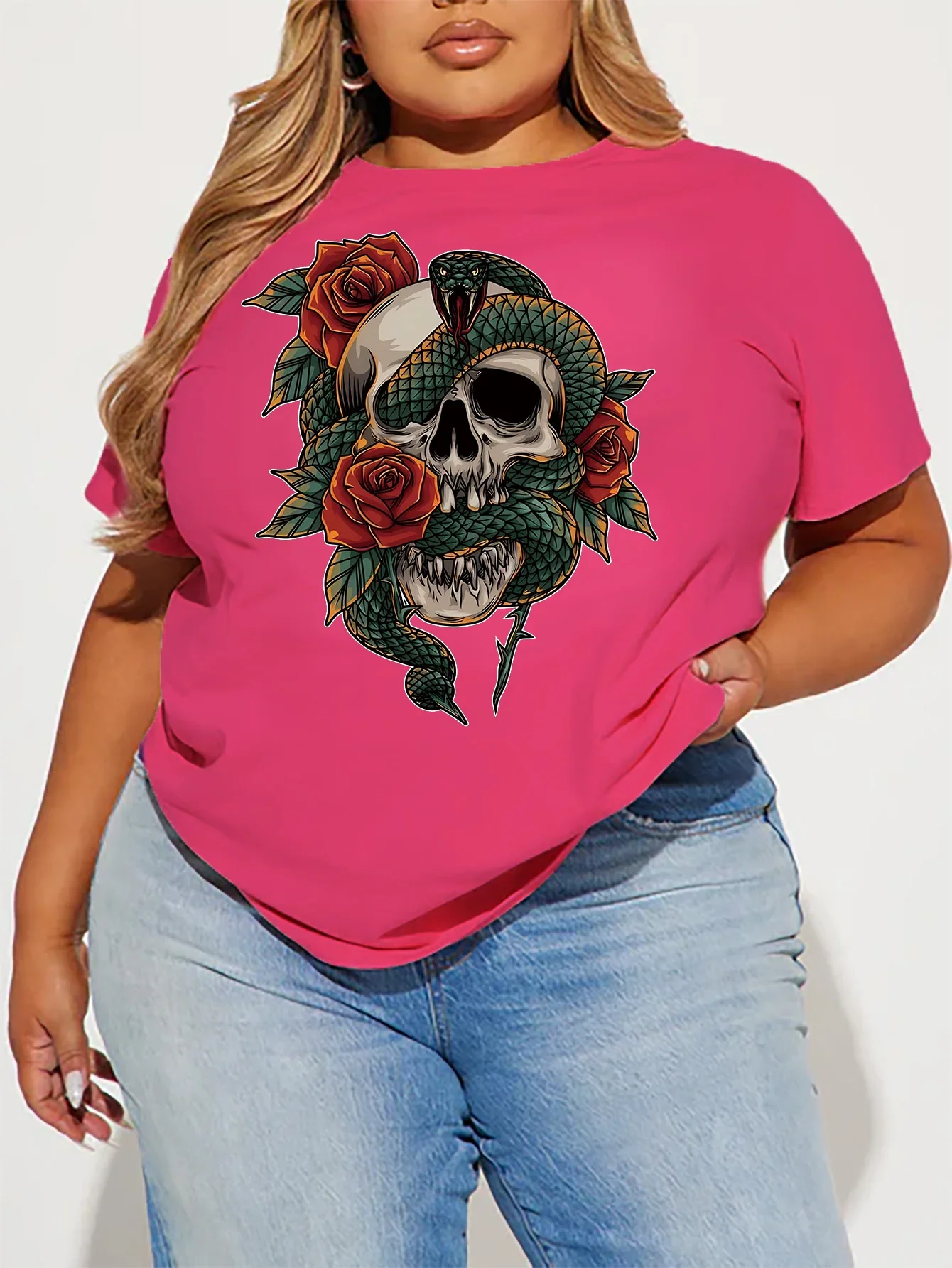 Women Plus Size Clothing Summer Casual Short-sleeved 8 Color O-Neck T-shirt Printed Graphics Skull Eye Snake Plus Size T-shirt