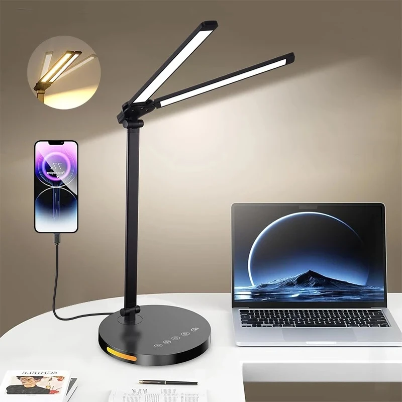 Double Head LED Desk Lamp,Dual Swing-arm Table Lamp for Home Office,5 Color Modes and 5 Dimmable,Modern Eye-Caring Piano Lamp