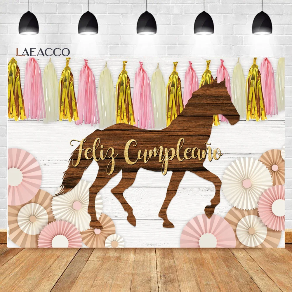 

Laeacco Horse Birthday Photo Backdrop Pink Umbrella Rustic Wood Board Western Cowgirl Portrait Customized Photography Background