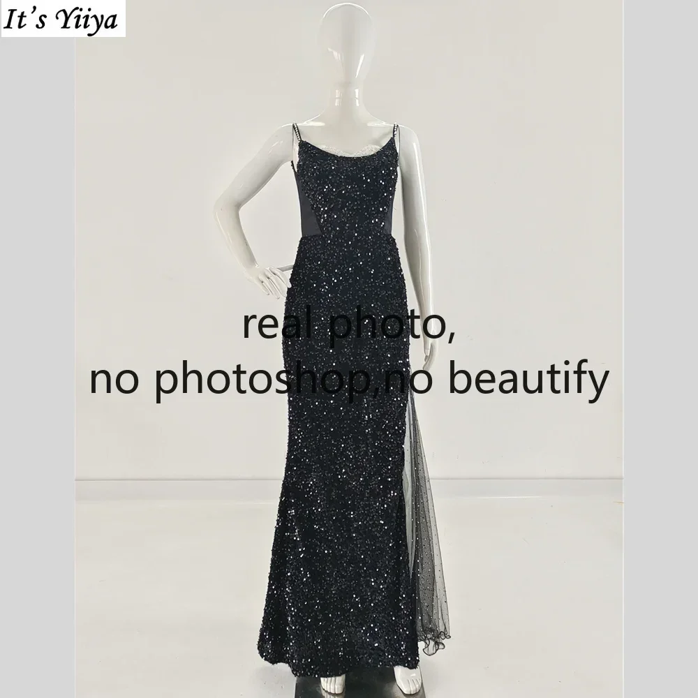 

It's Yiiya Customized Real Photo Evening Dress Black Sequins Sgaphetti Straps Floor Length Mermaid Plus Size Formal party Gowns