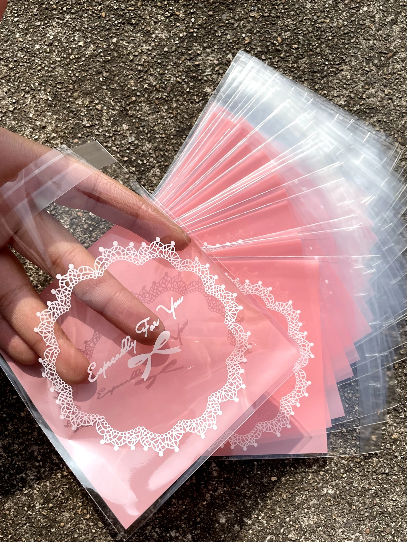 100pcs Pink Square Gift Packaging Opp Self-sealing Bag, Lovely Bow Printing Opp Self-sealed Bag, Gift Candy Packaging Bags