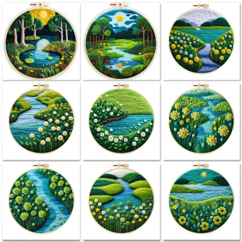 

GATYZTORY DIY Wool Felting Painting With Embroidery Kit Stream Landscape Beginner Painting Needle Wool Handcraft For Home Decor