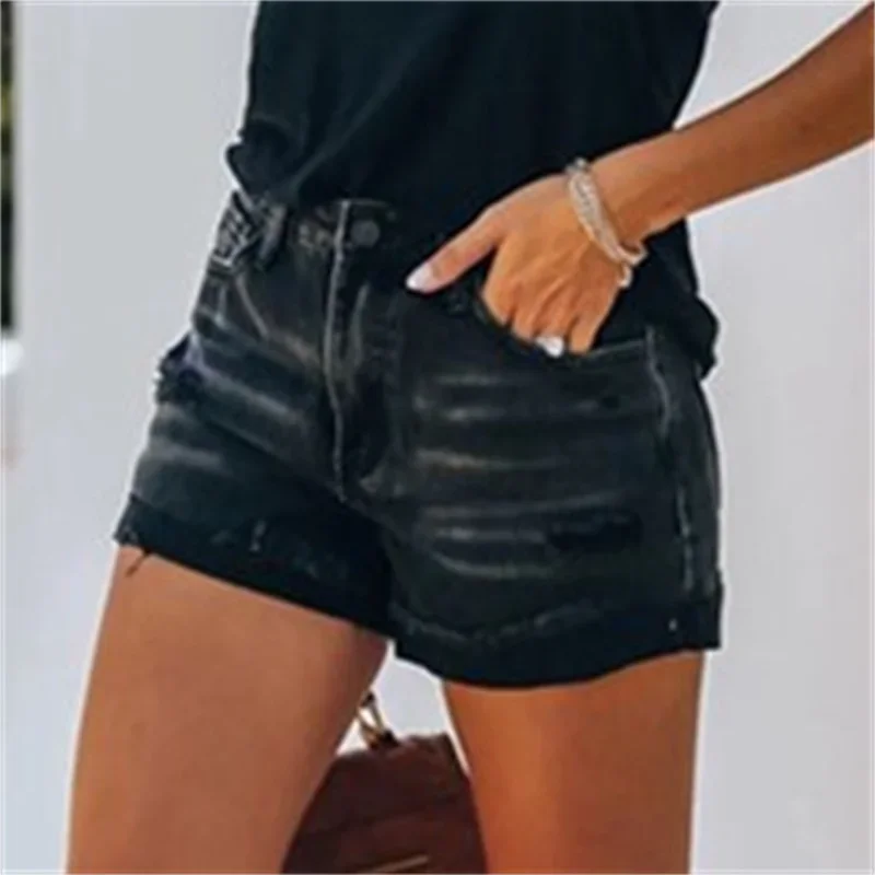 Women High Waist Vintage Broken Holes Denim Shorts Tassel Trouser Legs Three Quarter Pants Female Mini Jeans Trend Streetwear 24