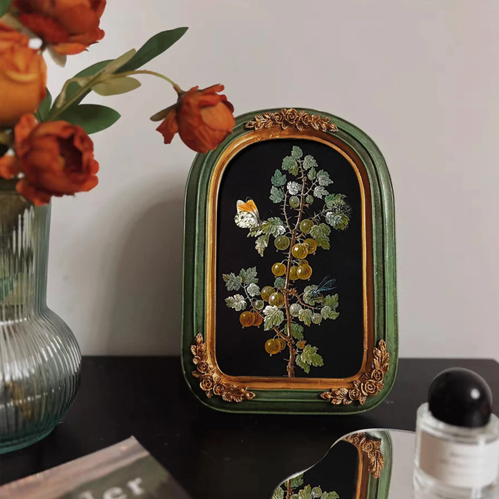 

Niche Classical Retro Nostalgic Decorative Painting French Plant Flower Arched Green Frame American Dining Room Living Room Hang