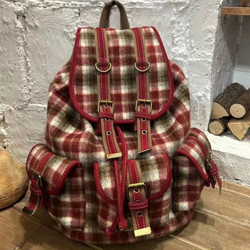 Korea Fashion Retro Red Plaid Cute Tweed Backpack Women Autumn Winter Christmas New Year Y2k Large Capacity Drawstring Schoolbag