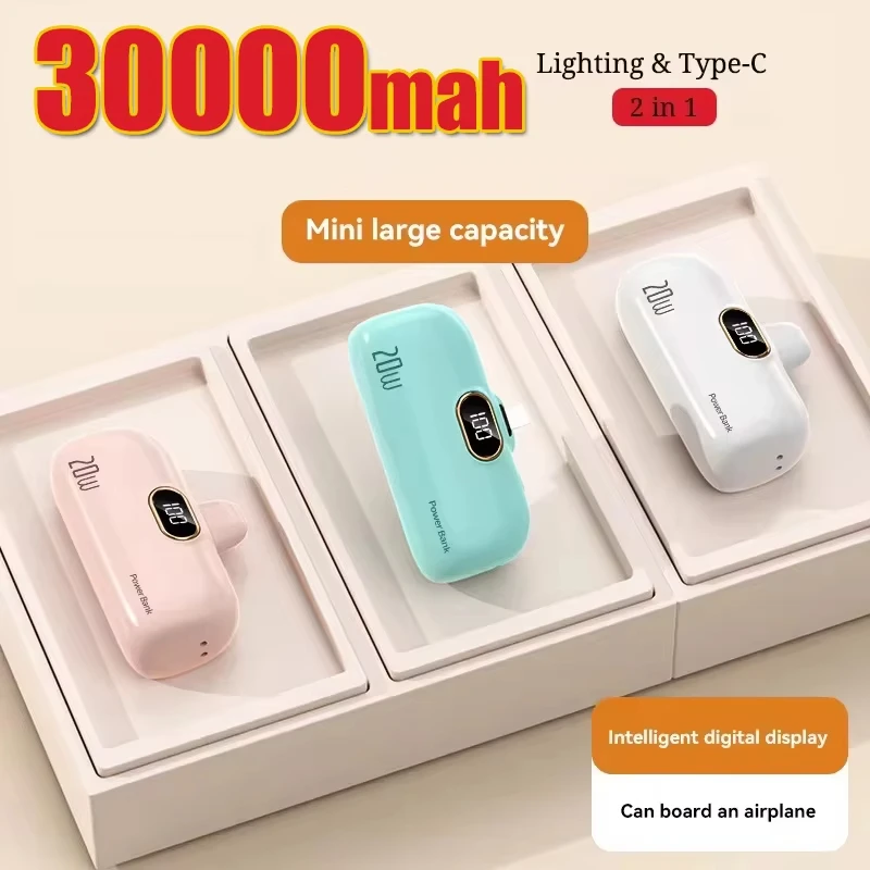 Mini Power Bank 30000mAh Built Cable Portable Mobile Charger Fast Charging External Battery Capsule Powerbank For Type-C iPhone