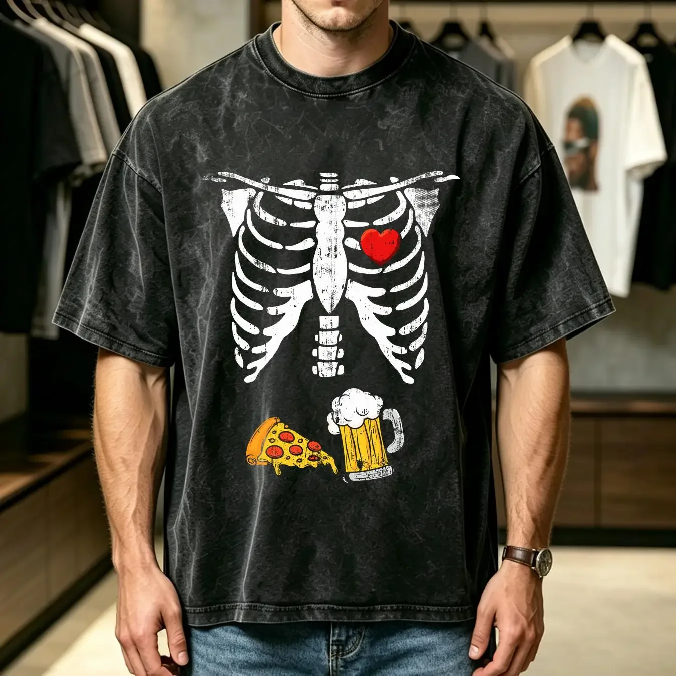 washed T Shirt Skeleton Pregnancy Beer Pizza X Ray Halloween Costume vintage Washed Soft Top For Everyday Wear graphic fashion