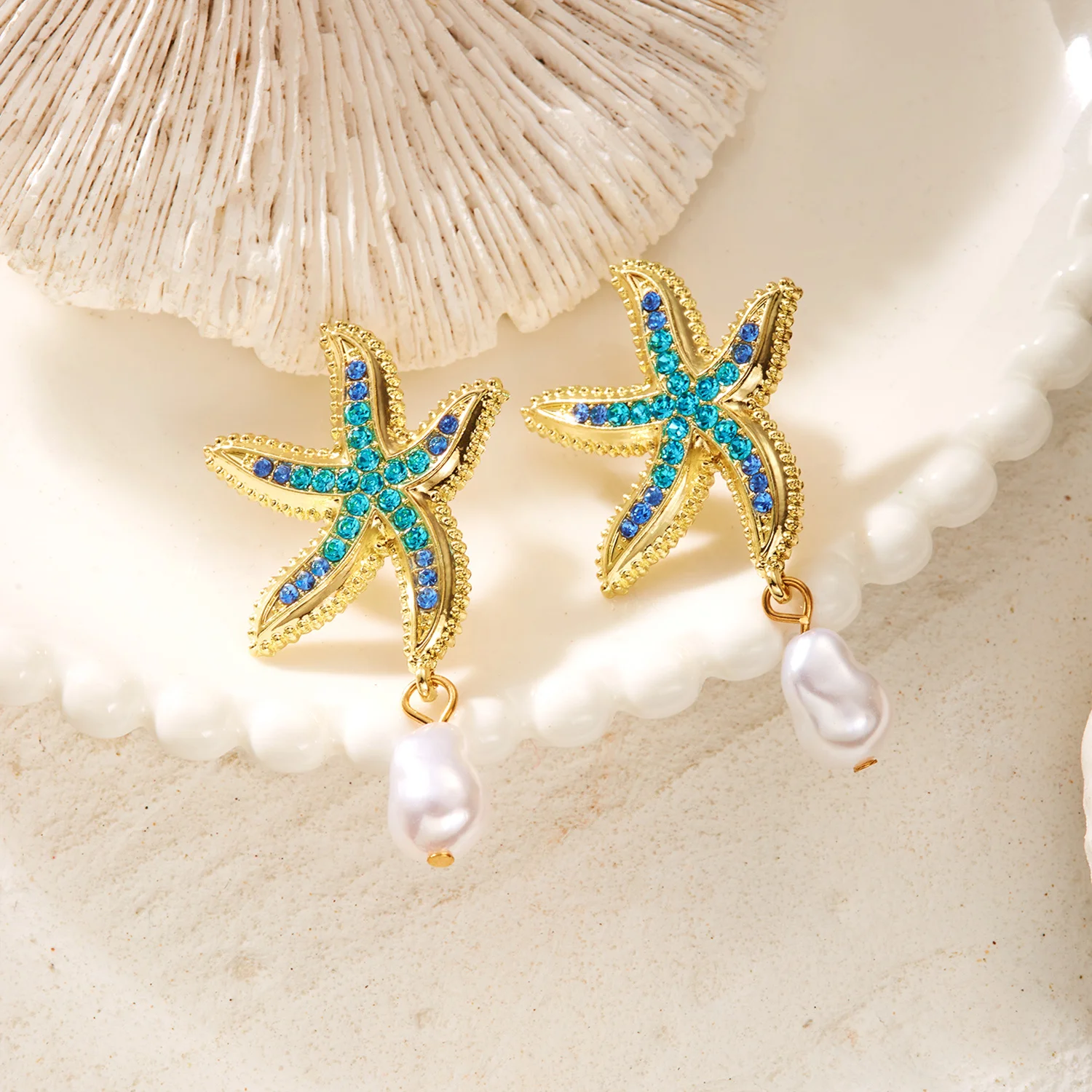 Trendige Barock-Imitationsperlen-Ohrhänger für Damen, Böhmische Blaue Strass-Seestern-Ohrstecker, Strand-Urlaubsschmuck – Detail 6