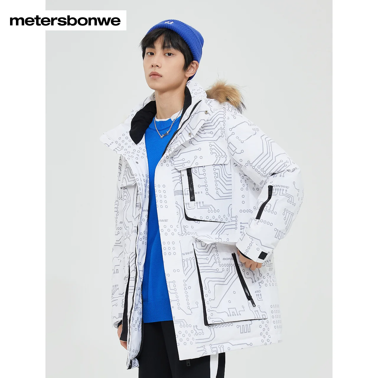 Metersbonwe-Men's Down Jacket Loose Hooded Thick Duck Down Pike Coats  Fur CollarSkiing Outdoor Cargo Winter