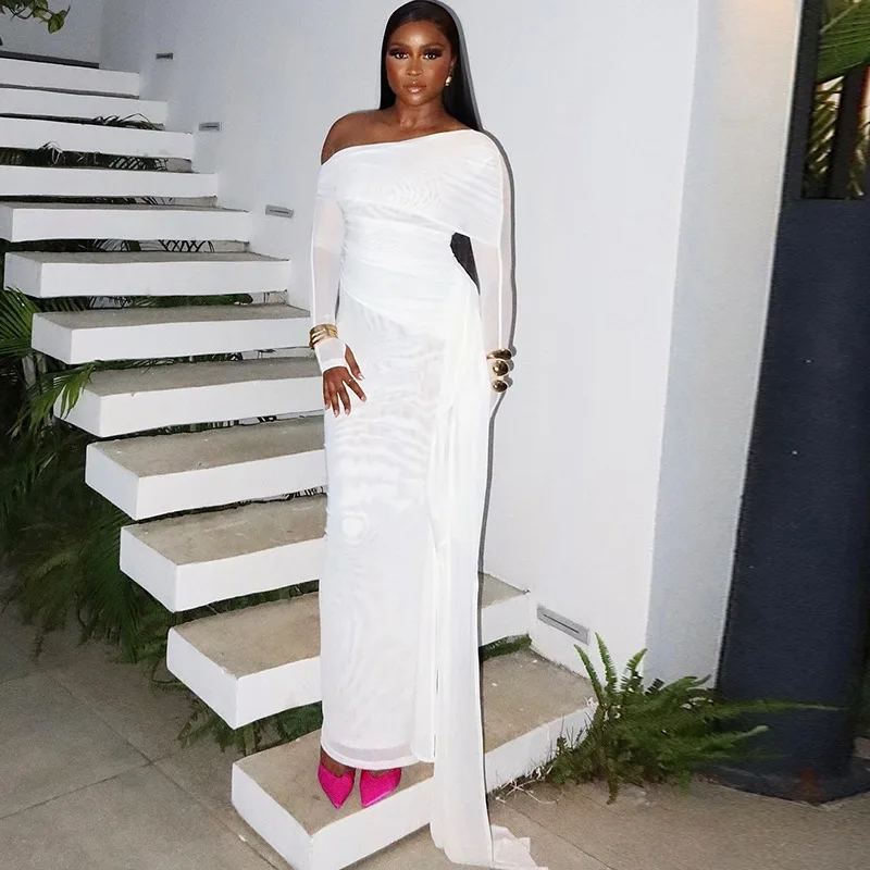 Ele Pure Color Long Sve Me Slim Fit Dr مع Sa للنساء بخصر عالٍ محبوك من البوليستر الأساسي Sle Thiened Win...