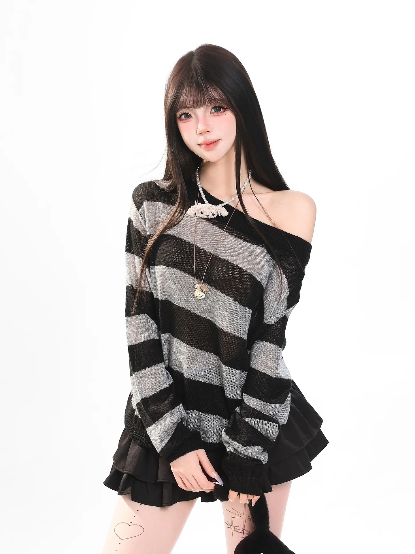 American Retro Striped Shoulder Bared Knitted Sweater Women Loose Style Spring Lazy Fashion Transparent Long Sleeve Top