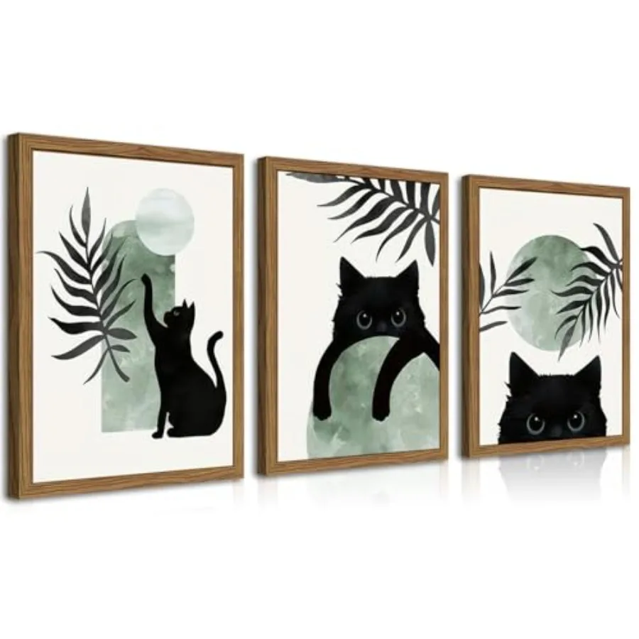 

Набор из 3 картин с изображением кошек в рамах цвета шалфейной зелени, настенный декор в стиле бохо, милые черные кошки, минималистичные картины с животными, рамы из натурального дуба