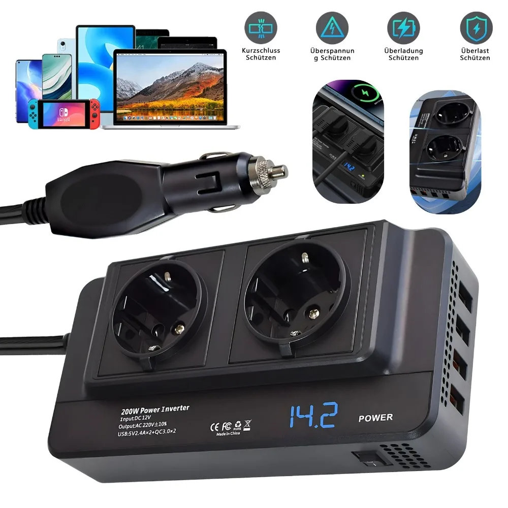 1 zestaw 200W przetwornica napięcia samochodowego, inwerter samochodowy, DC 12V na AC 220V/110V, z 2 gniazdami zasilania AC i 4 portami USB A.