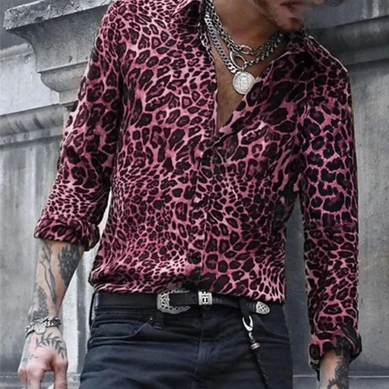 Camicia a maniche lunghe da uomo con risvolto con stampa leopardata abbigliamento quotidiano aderente da uomo rivista Shooting And Dressing MB12