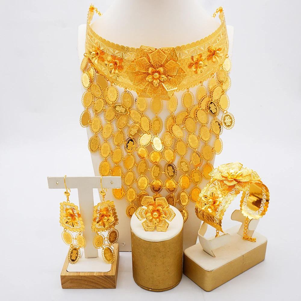 Luxurious jewelry long wide body jewelry set 24k gold-plated women\'s banquet wedding necklace set