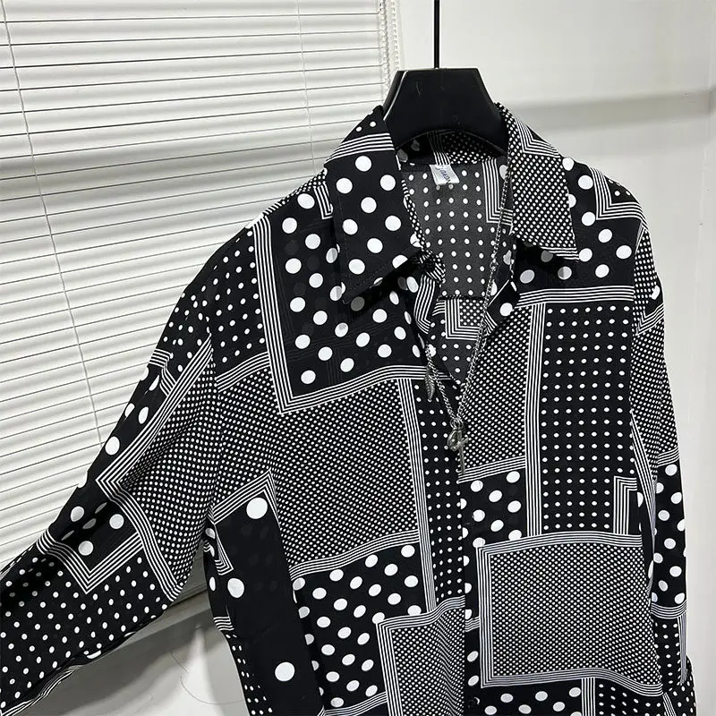 SuperAen Black Asymmetrical Pattern Loose Polka Dot Shirts Spring New Fashionable Lightweight Long-sleeved Shirts