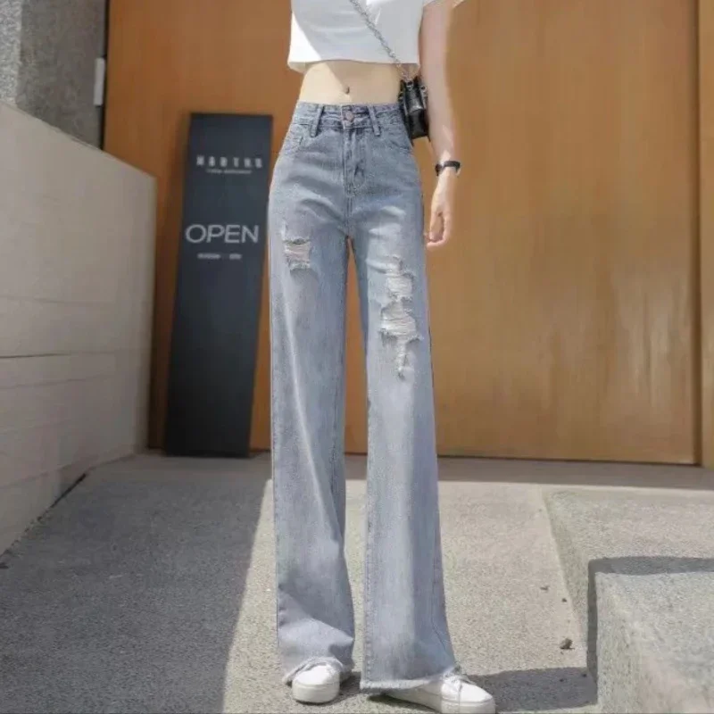 Torn Trousers Loosefit Wide Leg Women's With Holes Jeans Wholesale Basics Xxl Emo 2025 Korean Style Baggy Cowboy Pants for Woman