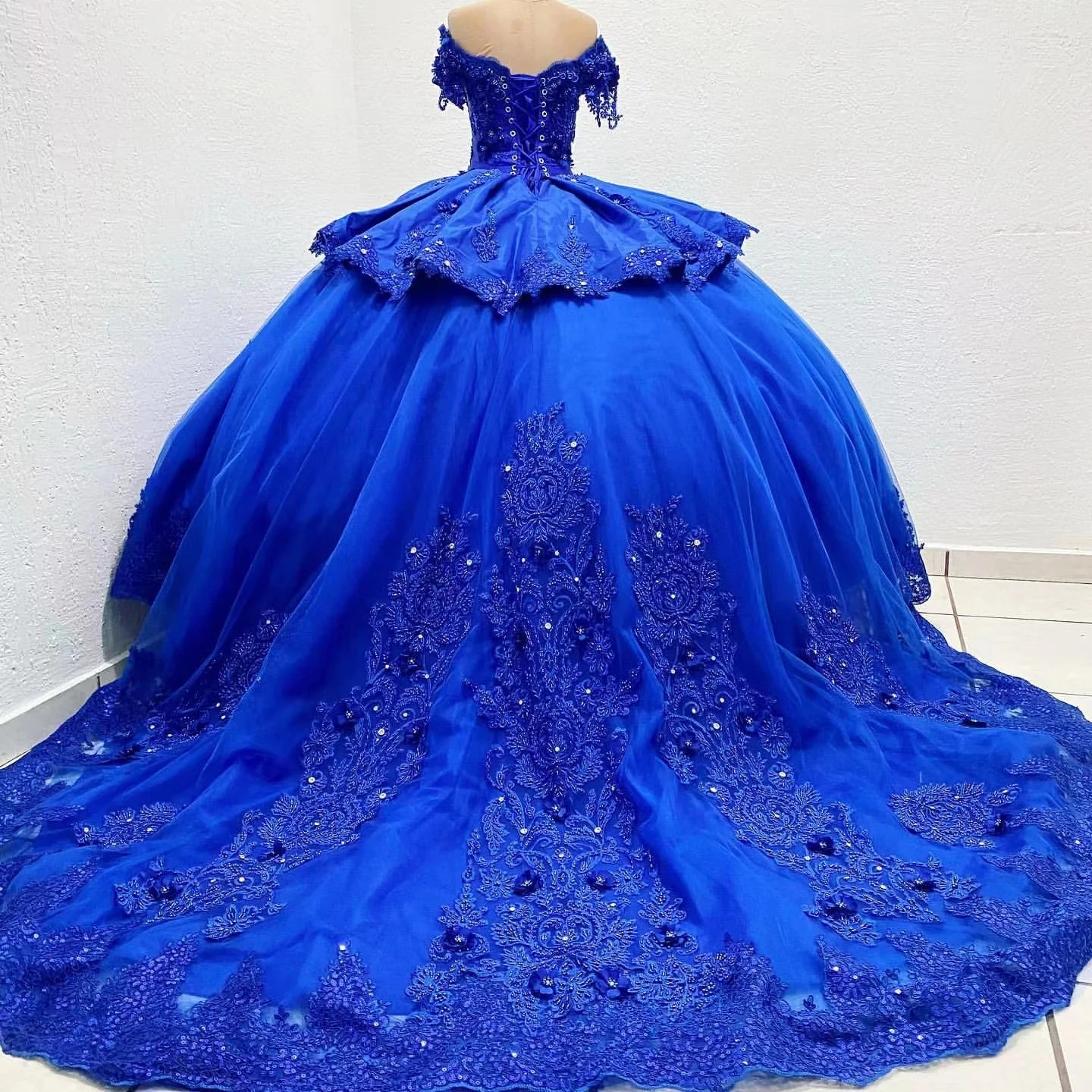 Royal Blue Princess Quinceanera Dresses 3D Floral Crystal Embroidery Lace-up Corset Puffy Prom Debutante Dresses 15 years