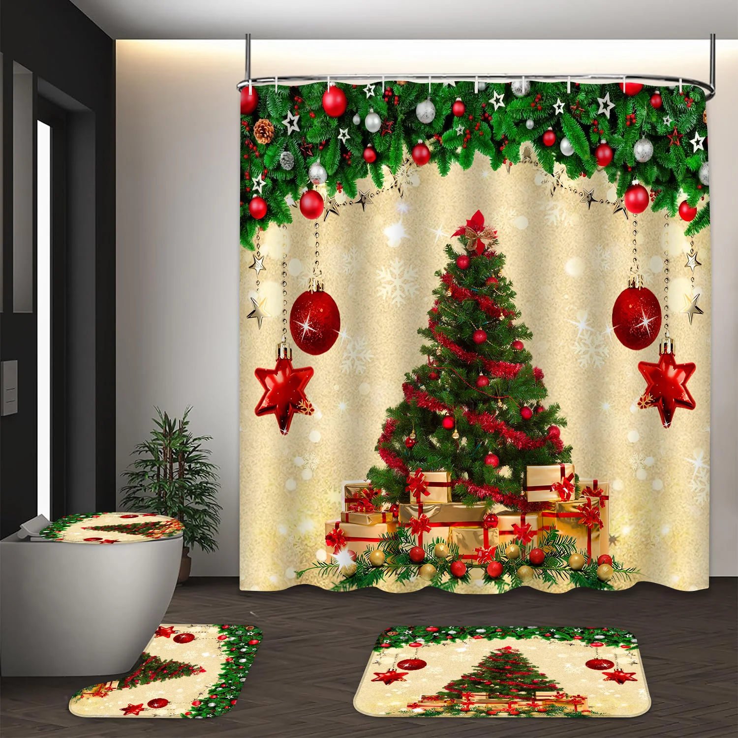 LVRLVR 4Pcs Christmas Classic Style Xmas Tree Ball Snowflake Bathroom Shower Curtain Set 70.8x70.8 Inch