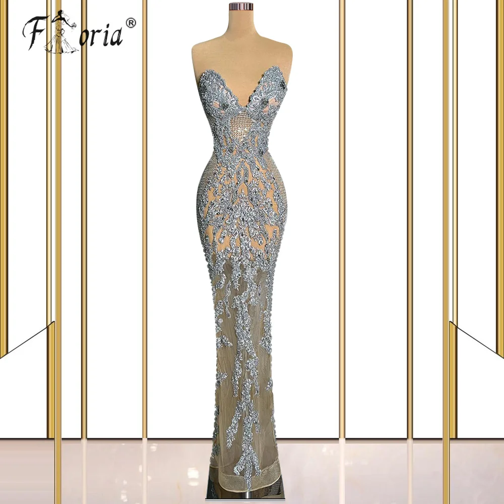 Splendidi abiti da festa formali lunghi a sirena d'argento 2023 Sexy See Through paillettes pizzo lungo donna abiti da sera per occasioni Plus Size