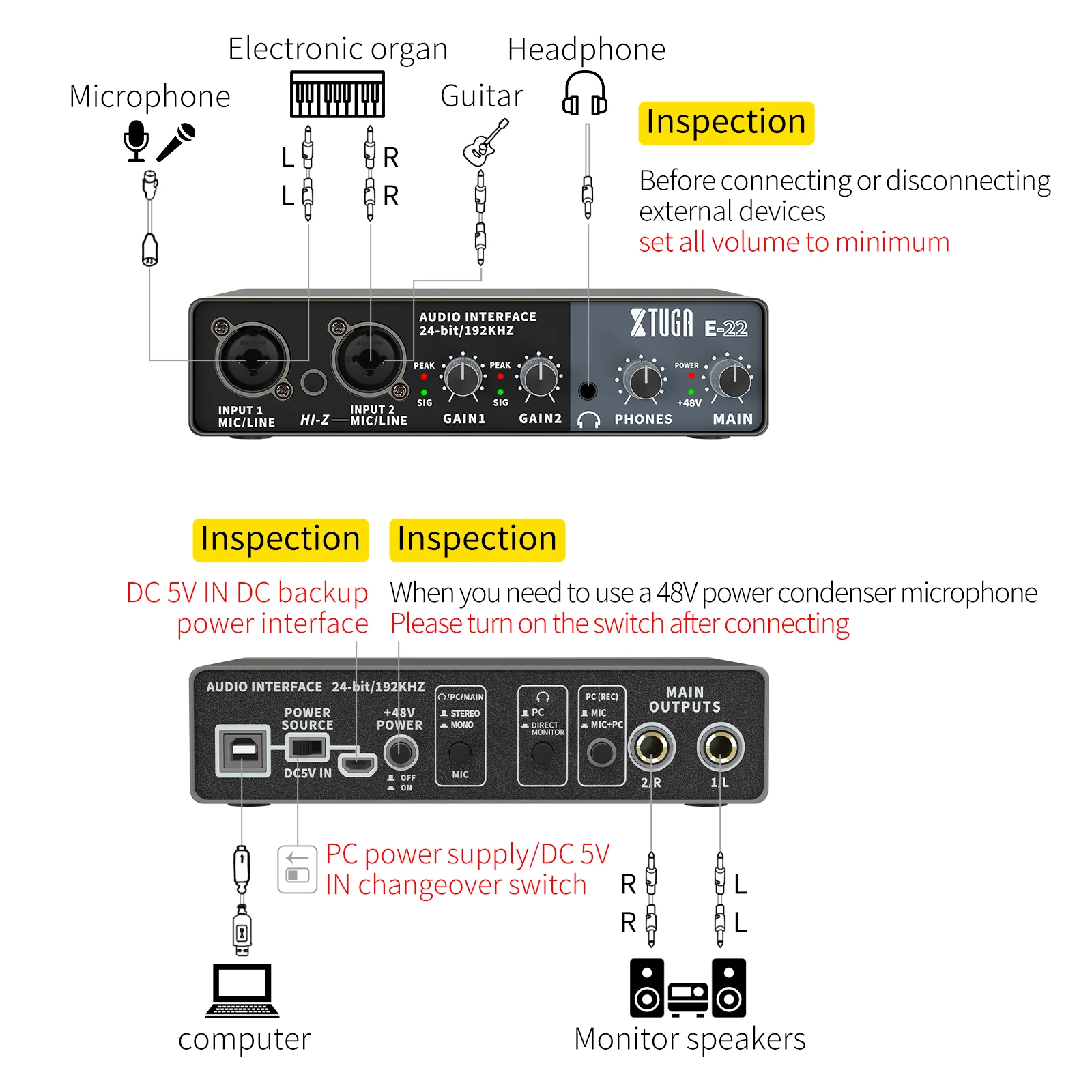 XTUGA E22 Professionele geluidskaartmixer Audio-interface Geluidskaart met nulvertragingsbewaking voor live zangstudio-opname