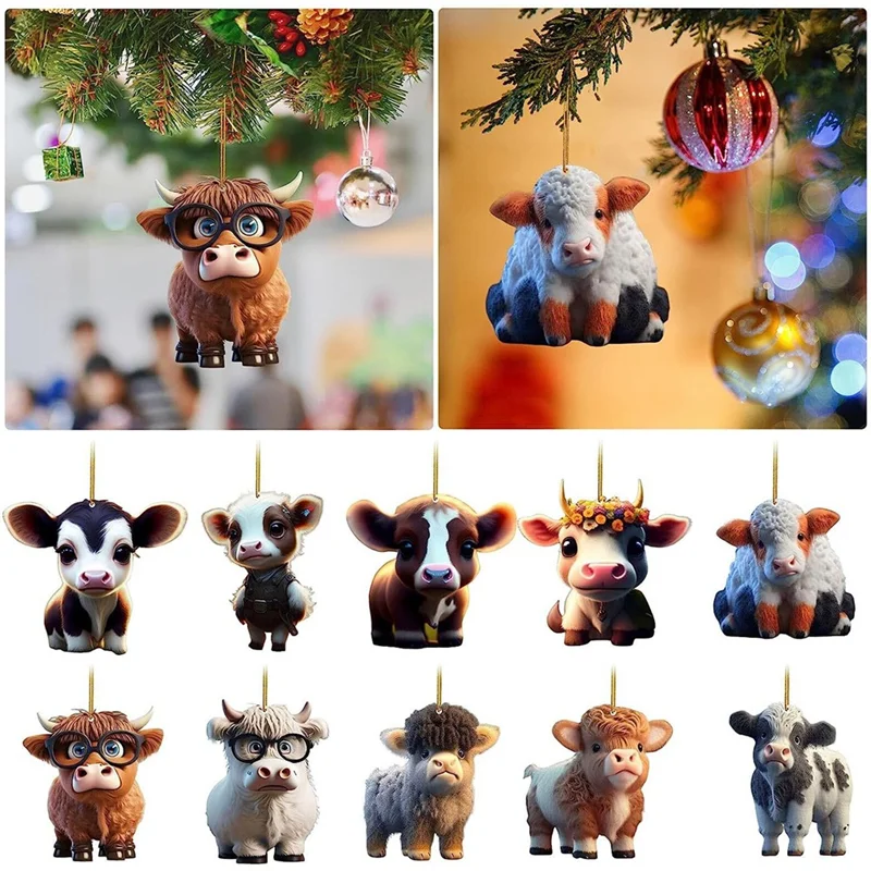 

ABYS-10Pcs Cute Cartoon Cow Car Pendant Home Tree Decoration Christmas Ornament Home Decoration