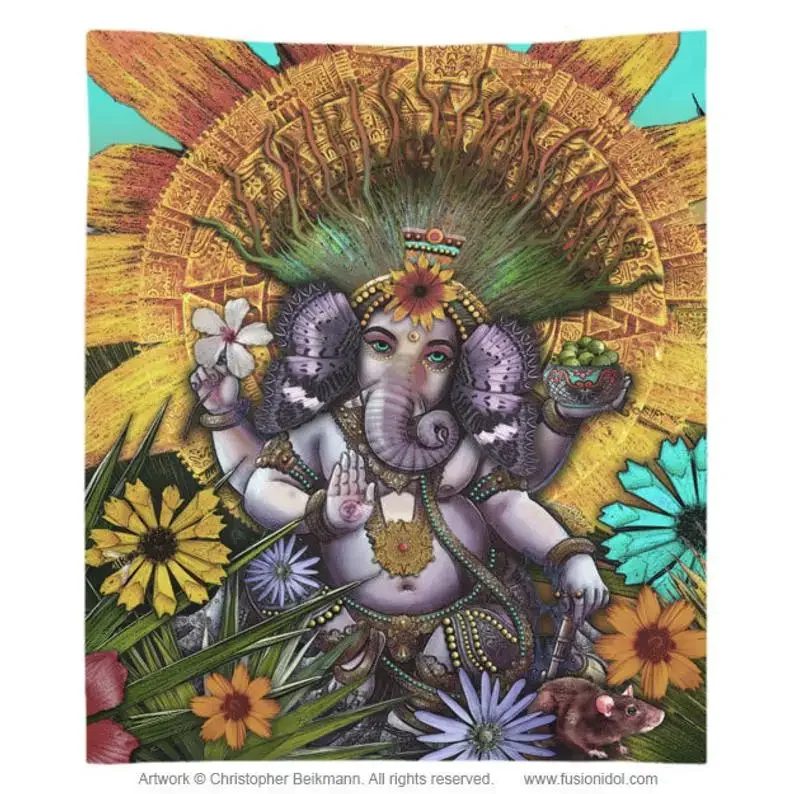 

Ganesh Tapestry - Ganesha Maya - Colorful Mexican Floral With Lord Ganesha Artwork On Lightweight Polyester Fabric