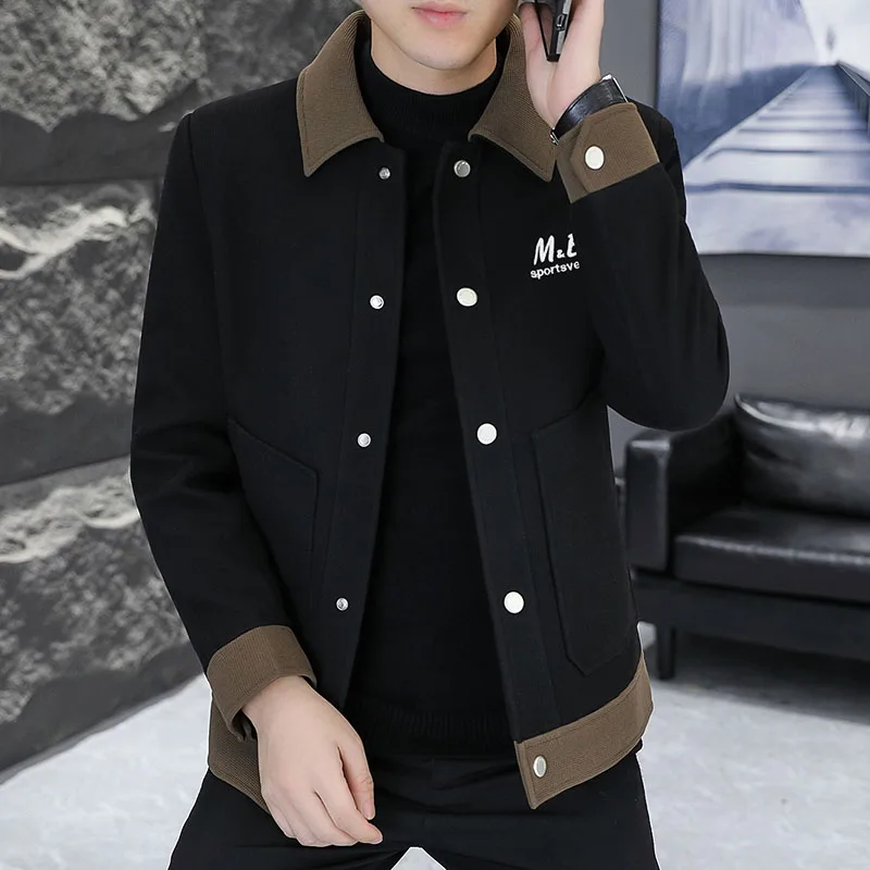 

2024 Winter Woolen Jacket for Men's Korean Splicing Thick Warm Straight Casual Wool Blends Coat Top Business Social Men Clothing